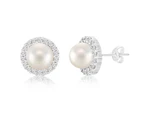 Inspired by You Round Simulated Pearl and CZ Stud Bridal Halo Earring for Women in Rhodium Plated 925 Sterling Silver