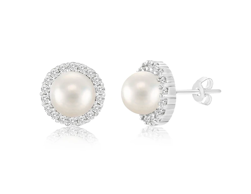 Inspired by You Round Simulated Pearl and CZ Stud Bridal Halo Earring for Women in Rhodium Plated 925 Sterling Silver