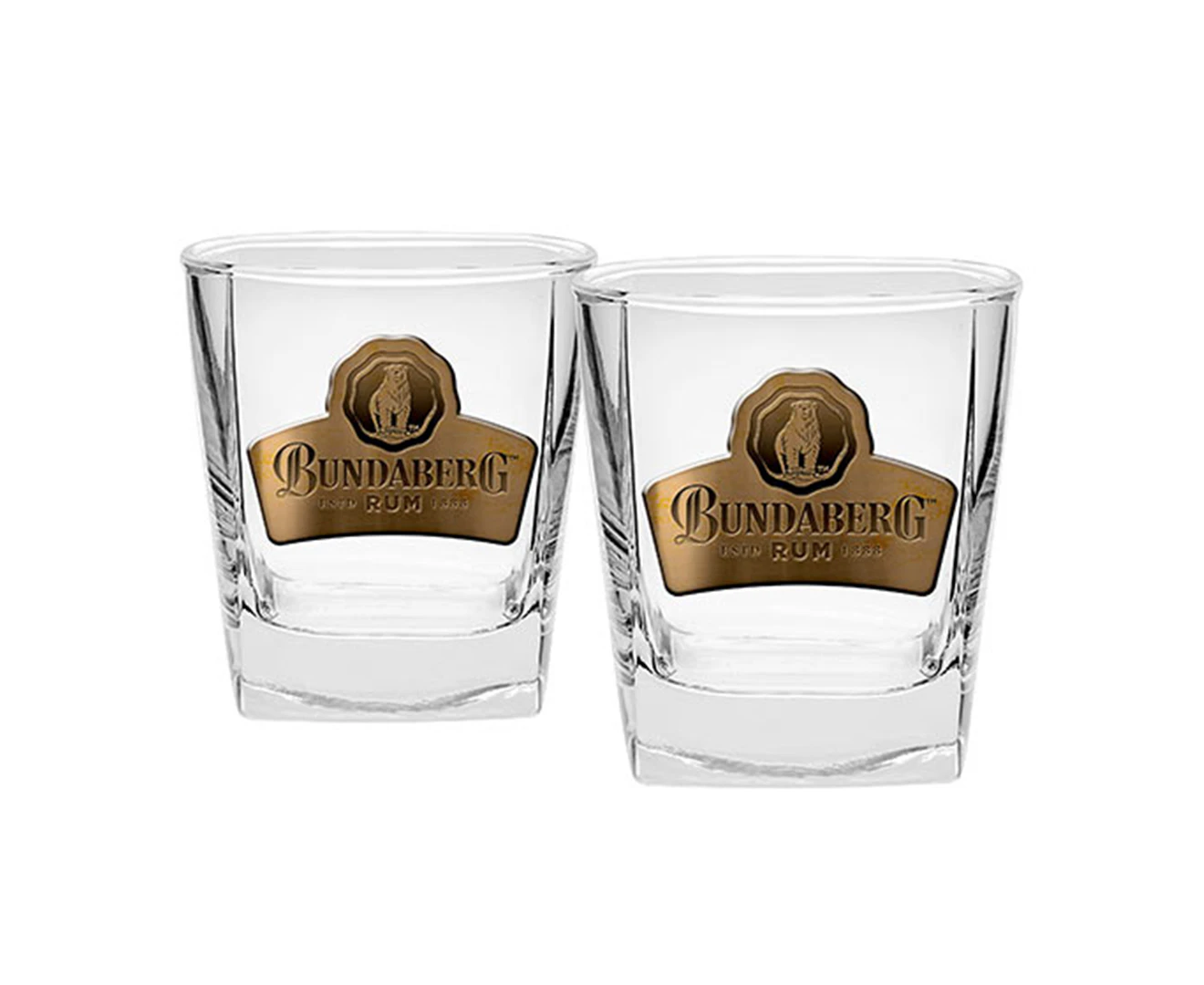 Bundy Bundaberg Bear Rum Set of 2 Glass Spirit Glasses Metal Badge