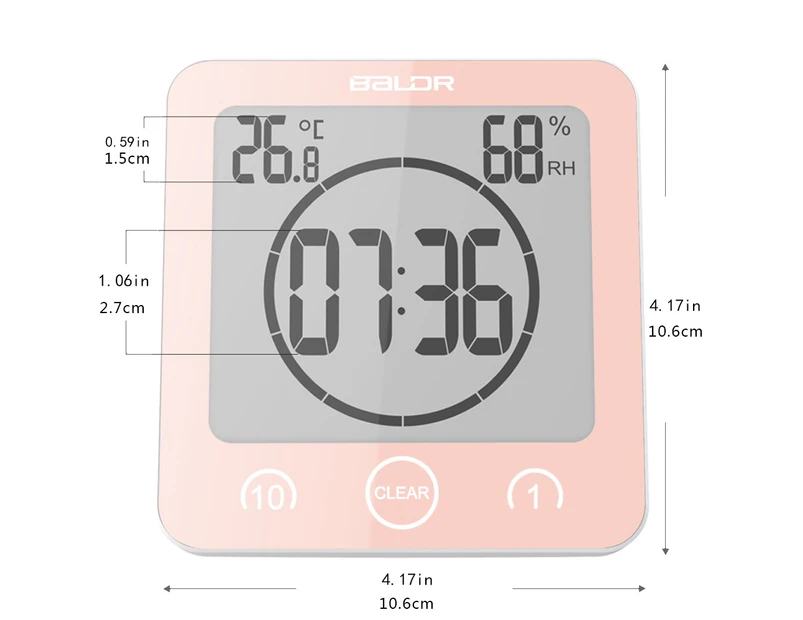 BALDR Digital Bathroom Shower Clock Waterproof Alarm Clock Timer - Pink
