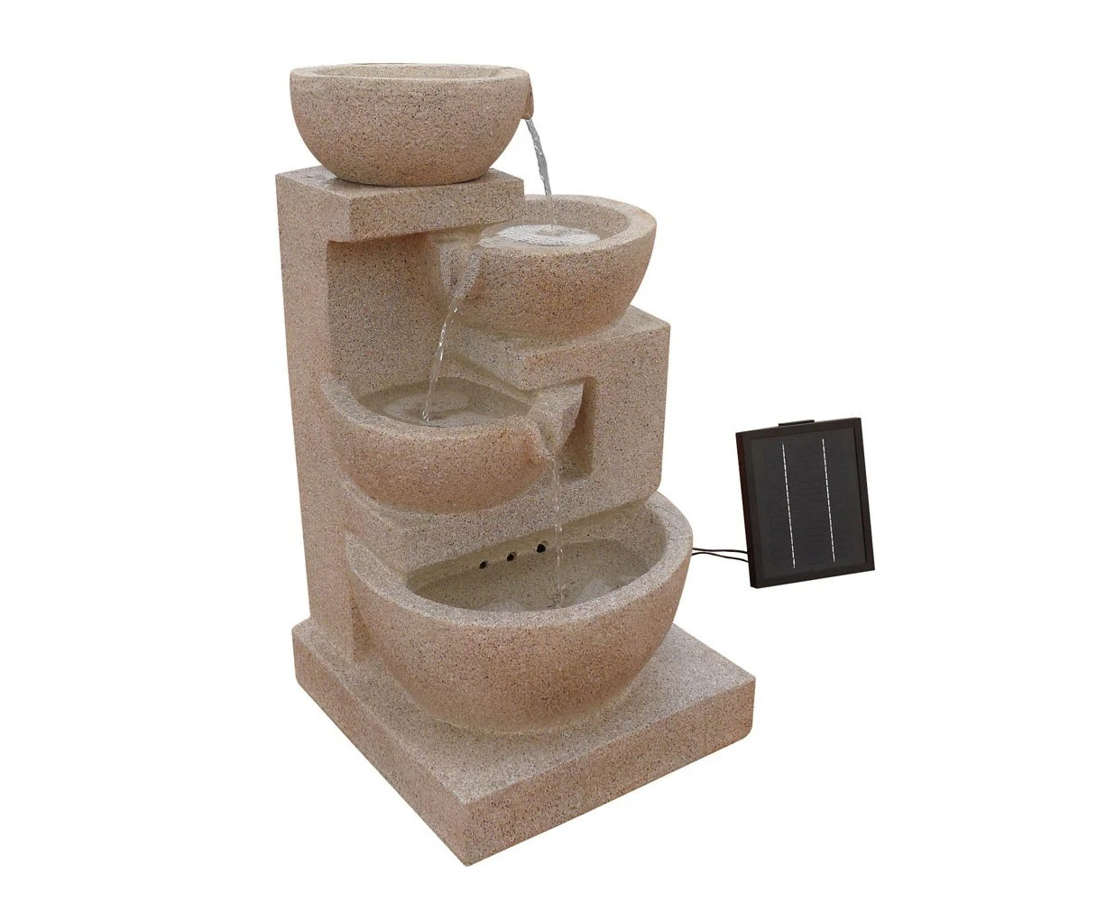 Solar Power Four-Tier Water Fountain Feature w/ LED Light Sand Beige