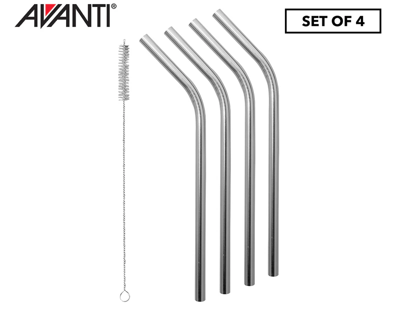 Avanti 25cm Stainless Steel Smoothie Straws & Cleaning Brush 4-Pack - Silver