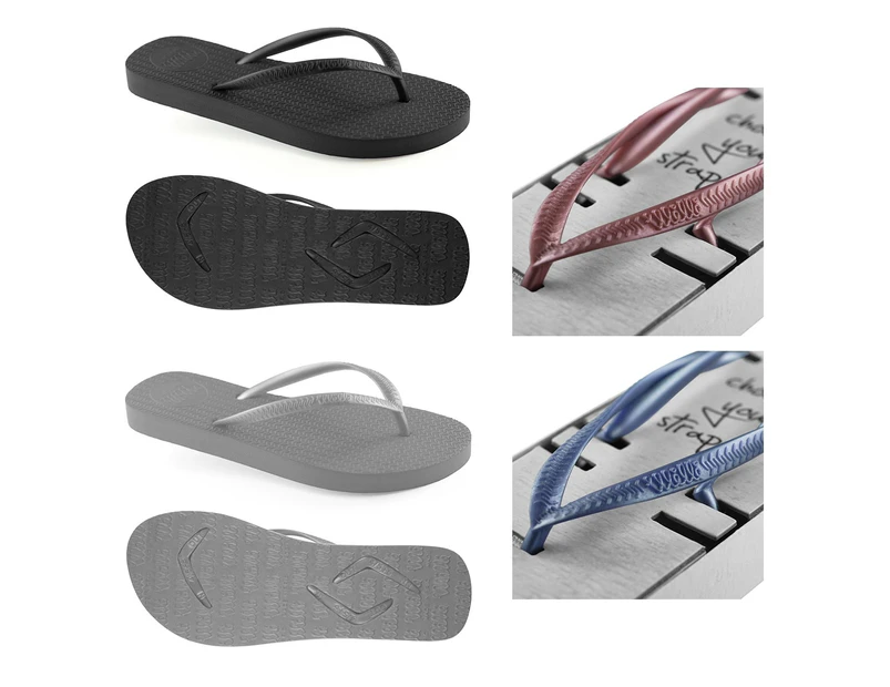 Twin Pack - 2x Pairs of Interchangeable Women's Black and Grey Slim Thongs with 2x Pairs of Additional Burgundy and Navy Straps with Boomerang Plugs