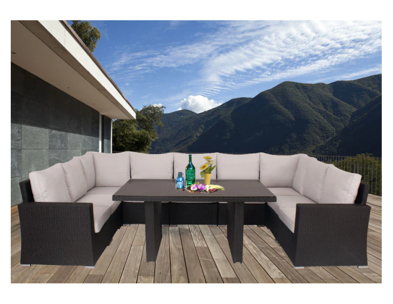 Black Kensington Wicker Outdoor Lounge Dining Setting With Dark Grey Cushion Cover