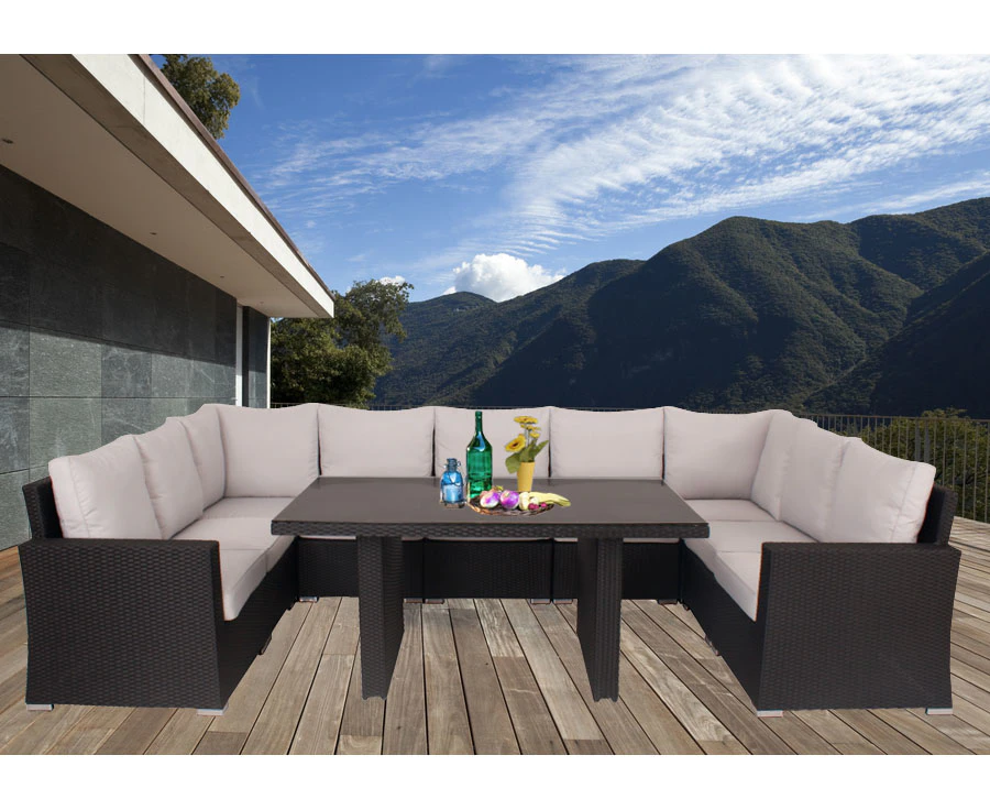 Black Kensington Wicker Outdoor Lounge Dining Setting With Beige Cushion Cover