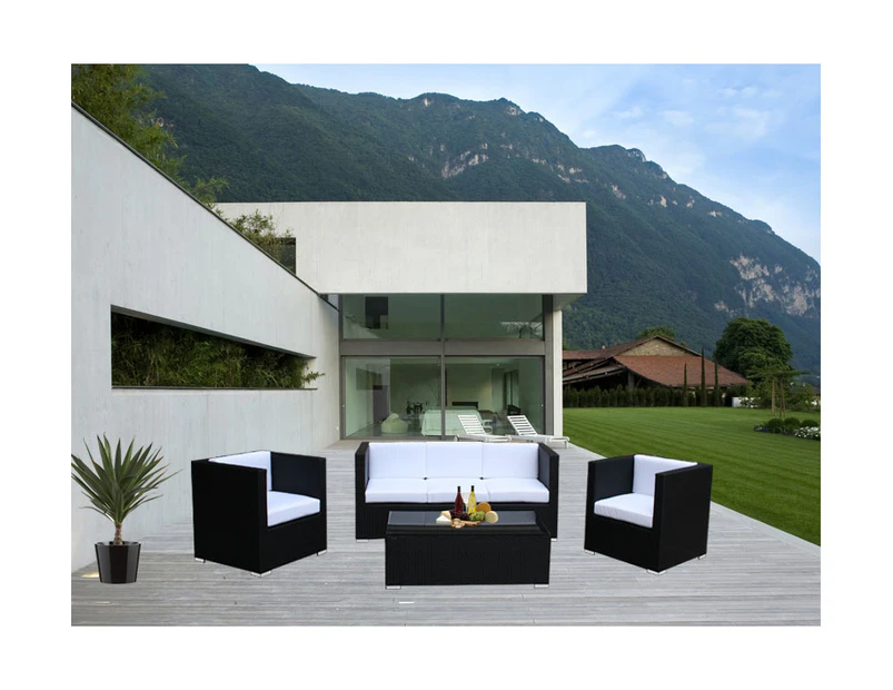 Black Selina 5 Seater Wicker Outdoor Furniture Lounge With Beige Cushion Cover