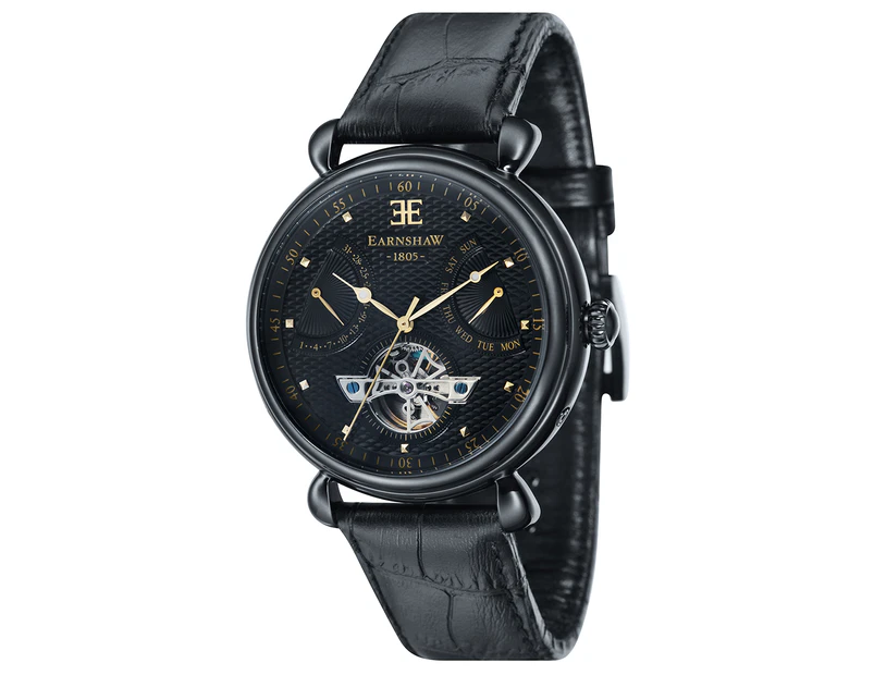 Earnshaw Men's 45mm Automatic Grand Calendar Leather Watch - Black/Black