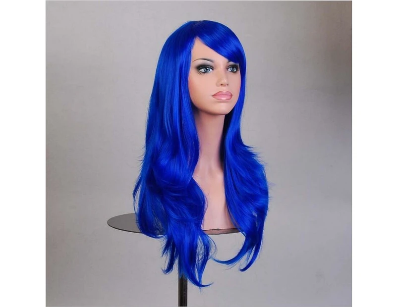 70cm Wavy Curly Sleek Full Hair Lady Wigs w Side Bangs Cosplay Costume Womens - royal-blue