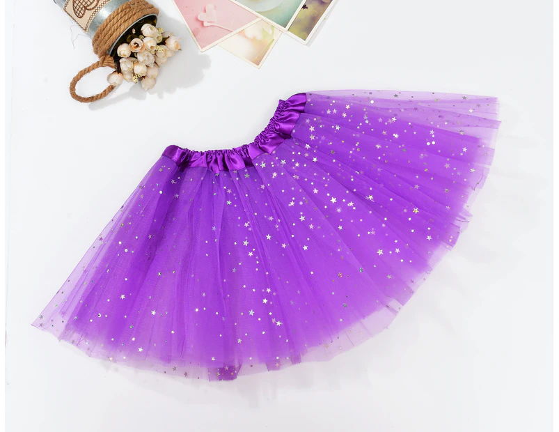 Sequin Tulle Tutu Skirt Ballet Kids Princess Dressup Party Baby Girls Dance Wear - Purple