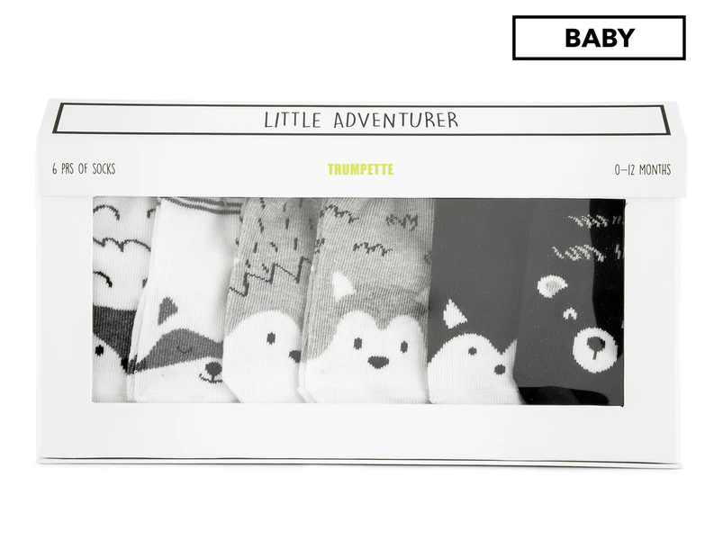 Trumpette Baby 0-12 Months My Little Adventurer Socks 6-Pack - White/Black/Grey 