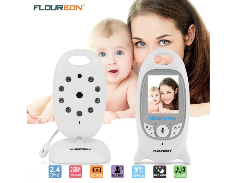 FLOUREON Digital Wireless 2.4 GHz Baby Monitor Infant IR LCD Video Nanny Security Camera Temperature Display 2 Way Talk Night Vision Lullabies-White