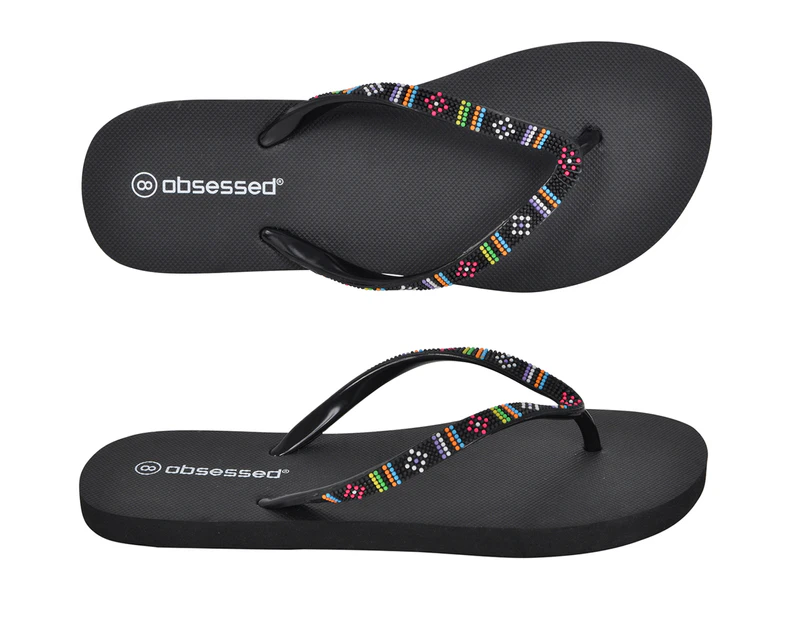 Aztec Obsessed Womens Beaded Flip Flop Thong Spendless Shoes - Black