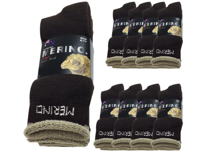 9 Pairs MERINO WOOL SOCKS Mens Heavy Duty Premium Thick Work Socks Cushion BULK - Brown