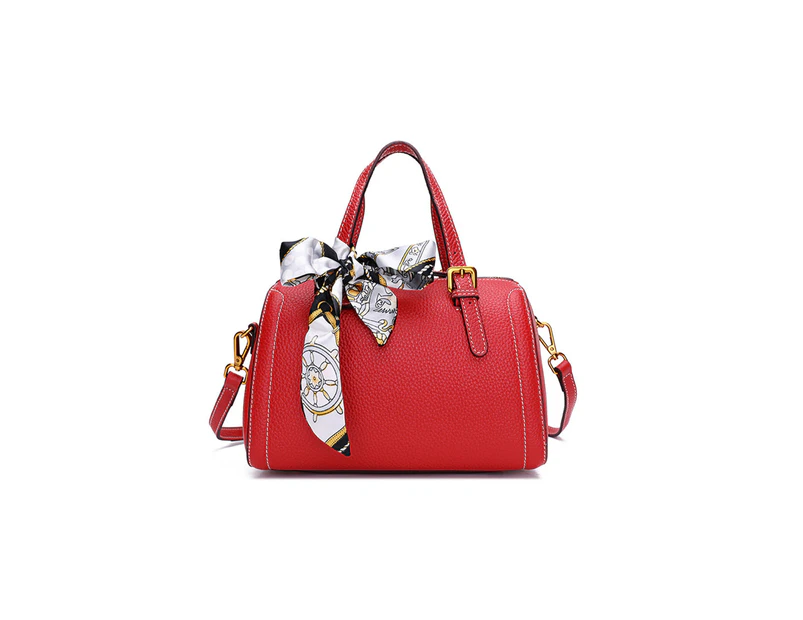 Select Mall Fashion Handbags Leather Cowhide Boston Shoulder Bag Pillow Shape - RED