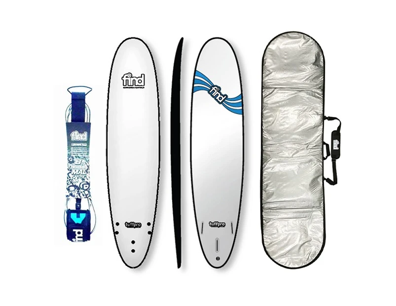 FIND 8'0" Tuffpro Mini Mal White Soft Surfboard Softboard + Padded Silver Cover + Leash Package