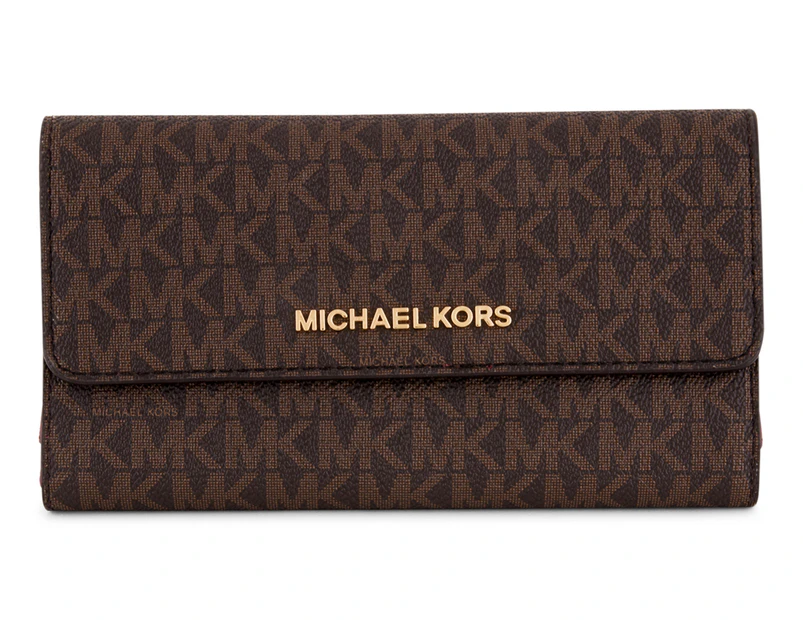 MICHAEL KORS JET SET TRAVEL LARGE TRIFOLD SAFFIANO LEATHER WALLET BROWN  LUGGAGE