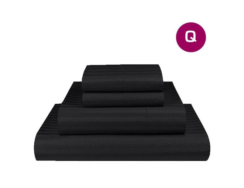 Queen Black 1000TC Microfibre 1cm Stripe Fitted, Flat Sheet Set