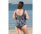 LaSculpte Women's Rose Print Frilled Tummy Control Ruched Plus Size One Piece Swimsuit with Moulded Cups - Black/white Rose Print