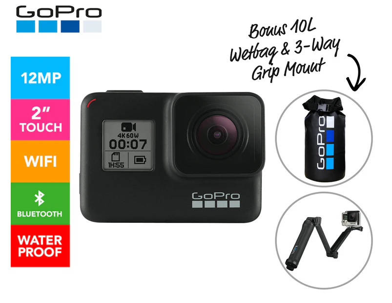 GoPro Hero 7 Black 4K Action Video Camera + 3-Way Grip Mount & 10L Wetbag