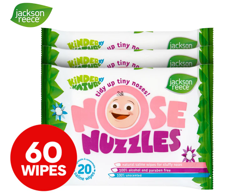 3 x Jackson Reece Kinder by Nature Natural Nose Nuzzles Wipes 20pk