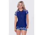 LaSculpte Women's Full Zip Front Short Sleeve Swimwear Rash Guard Top UPF50+ Colour Block Printed Swim Shirts - Palm Leaf Print