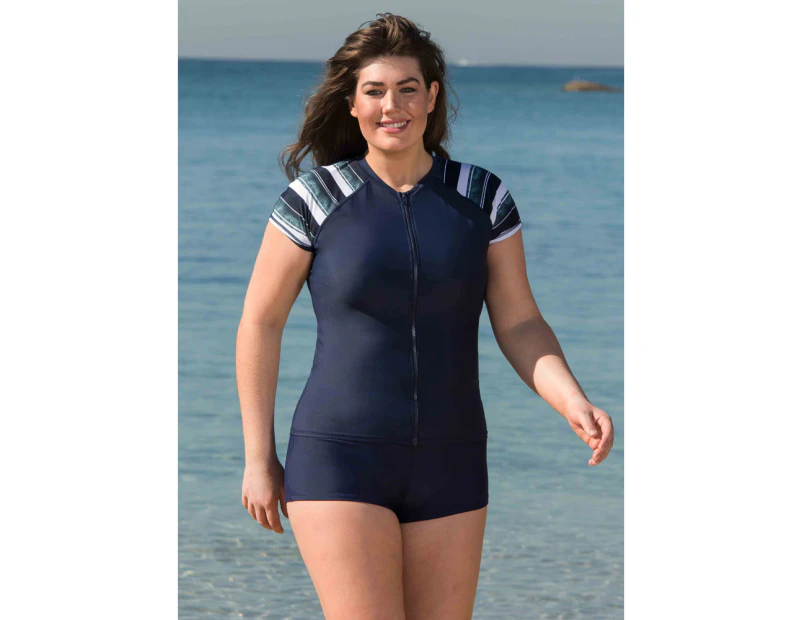 LaSculpte Women's Full Zip Front Short Sleeve Swimwear Rash Guard Top UPF 50+ Colour Block Ocean Stripe Printed Swim Shirts - Navy/Blue Stripe Print