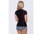 LaSculpte Women's Full Zip Front Short Sleeve Swimwear Rash Guard Top UPF 50+ Colour Block Lace Trim Swim Shirts - Red/Black