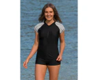 LaSculpte Women's Full Zip Front Short Sleeve Swimwear Rash Guard Top UPF 50+ Colour Block Lace Trim Swim Shirts - Black/White