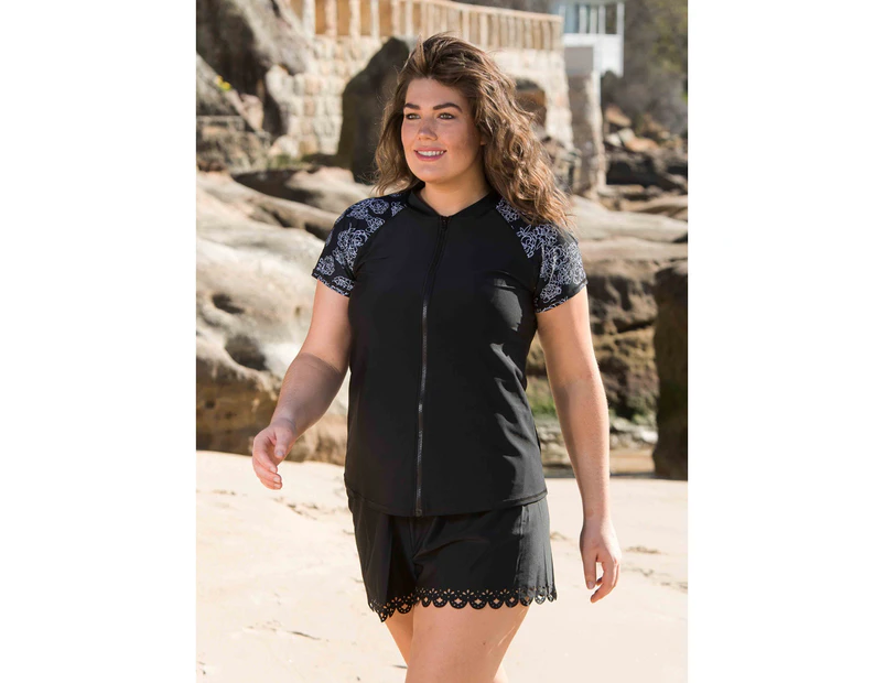 LaSculpte Women's Plus Size Full Zip Front Short Sleeve Swimwear Rash Guard Top UPF 50+ Colour Block Rose Print Swim Shirts - Black/White Rose Print