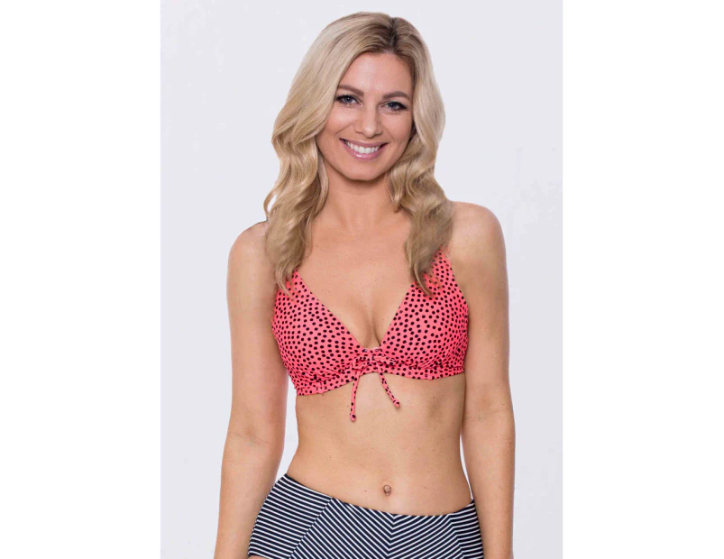 LaSculpte Women's Printed Tie Front Underwired Beach Bikini Top with Convertible Straps - Red with Black Spot Print