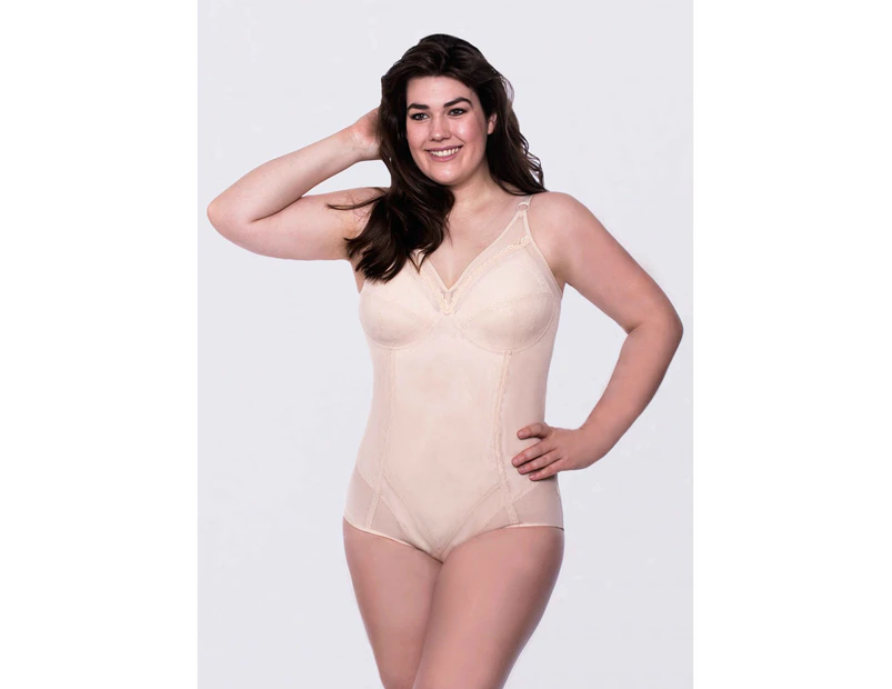 LaSculpte Women's Shapewear Extra Firm Control Wire Free Fuller Figure Mesh  Bodysuit with Lace - Nude