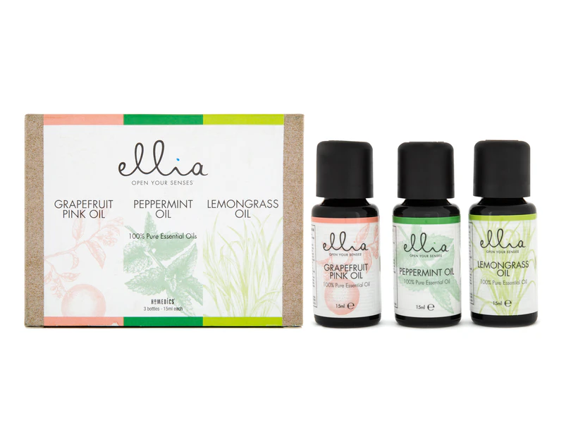 Ellia by HoMedics 100% Pure Essential Oils 15mL 3-Pack - Grapefruit Pink, Peppermint, Lemongrass
