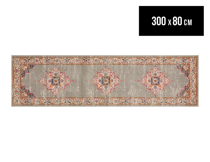 Rug Culture 300x80cm Oriental Vintage Look Runner Rug - Grey/Multi