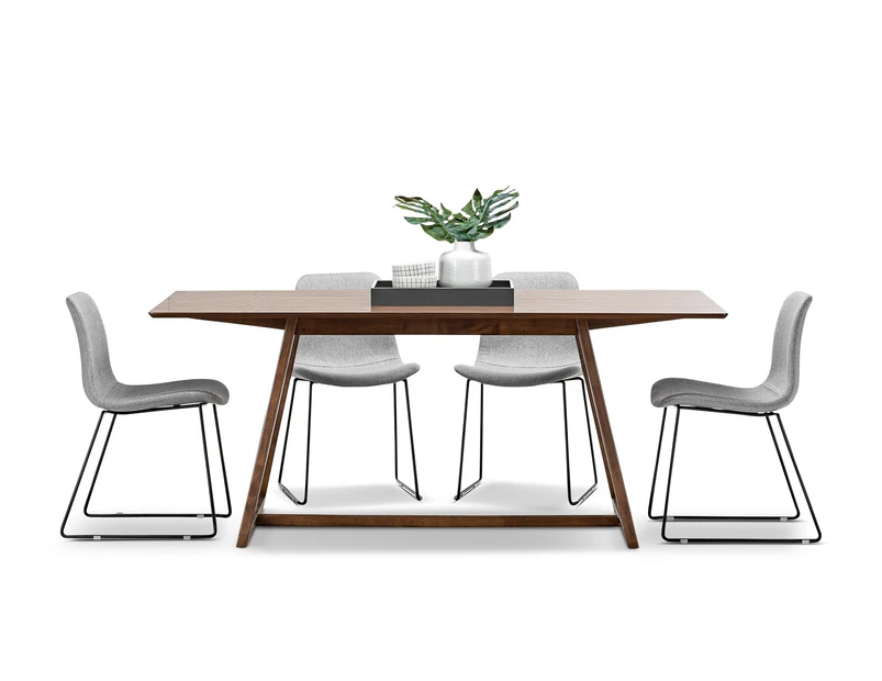 5pc Dining Set Scandinavian Inspired Walnut Oak Timber Rectangular 1.8m Dining Table & 4 x Grey Fabric Black Sleigh Leg Dining Chairs