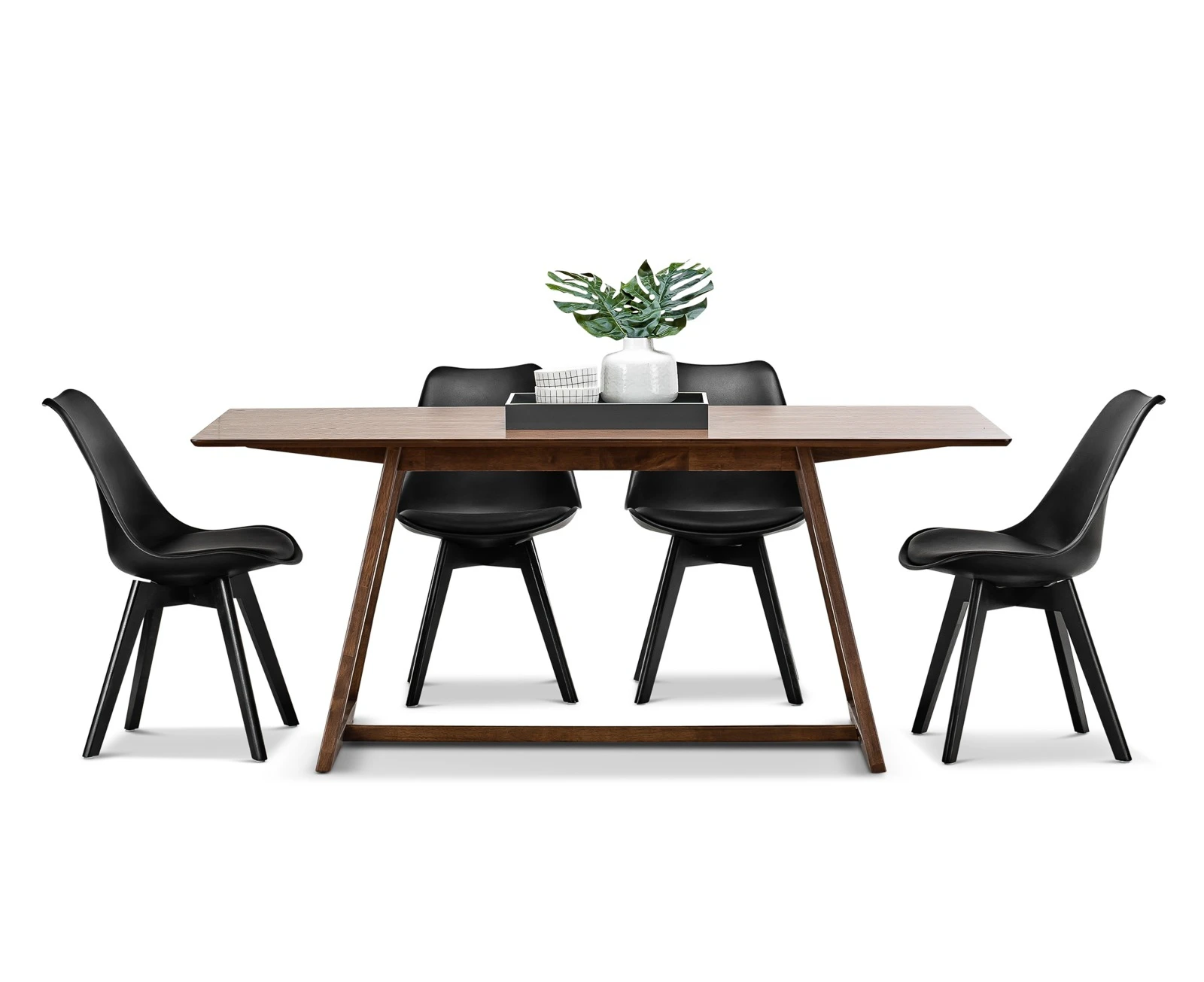 7pc Dining Set Scandinavian Inspired Walnut Oak Timber Rectangular 1.8m Dining Table & 6 x All Black Replica Padded Eames Chairs