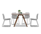 7pc Dining Set Walnut Oak Scandinavian Round 1.2m Dining Table & 6 x Grey Fabric Black Sleigh Leg Dining Chairs