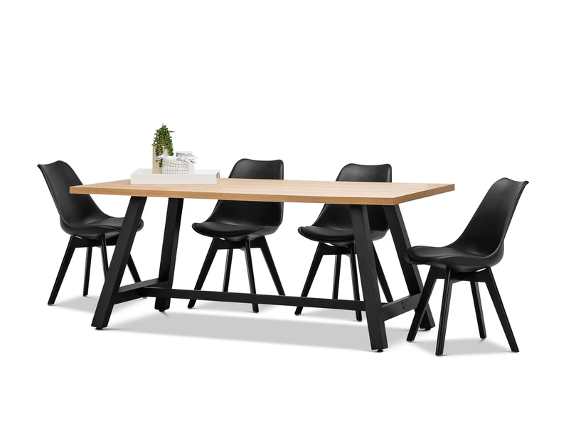 7pc Dining Set Industrial Rustic Style Light Oak Wood Rectangular 1.8m Dining Table & 6 x Padded All Black Replica Eames Chairs