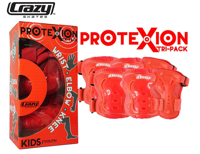 Crazy Skate Co. Kids' Protexion Tri-Pack Skate Pads - Red