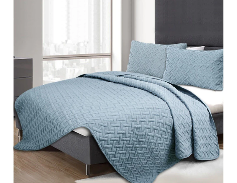 King Size Bed 3Pieces Chic  Embossed Comforter Coverlet Bedspread Set Quilt 220x250cm Blue
