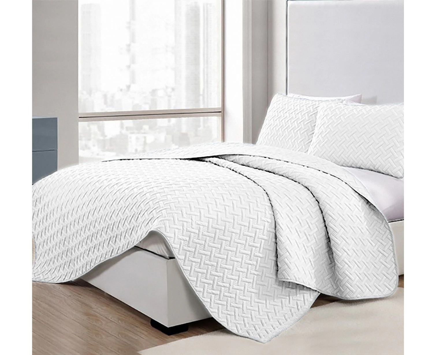 King Size Bed 3Pieces Chic  Embossed Comforter Coverlet Bedspread Set Quilt 220x250cm White