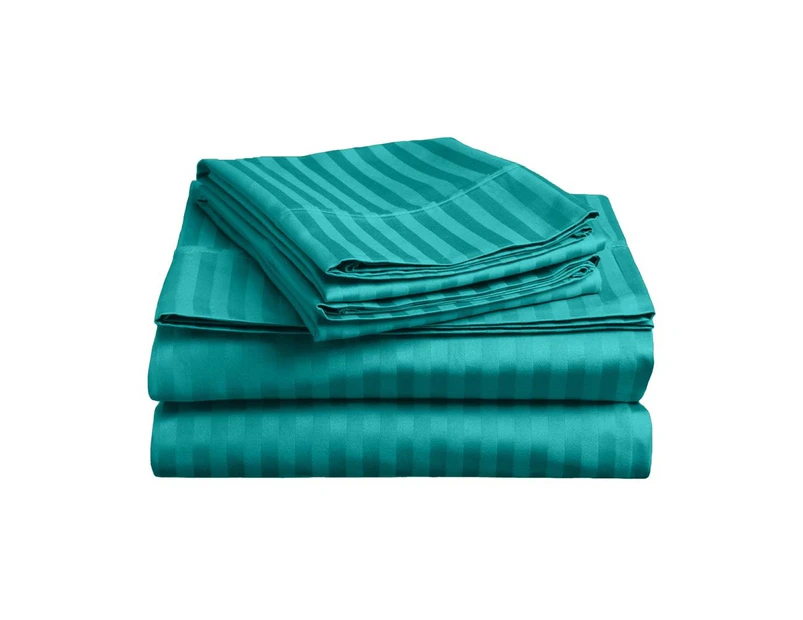 Deep Wall 50cm Queen Size Bed 1000TC Delux Ultra Soft 2CM Striped Microfibre Fitted Sheet Set Teal for Pillowtop Mattress