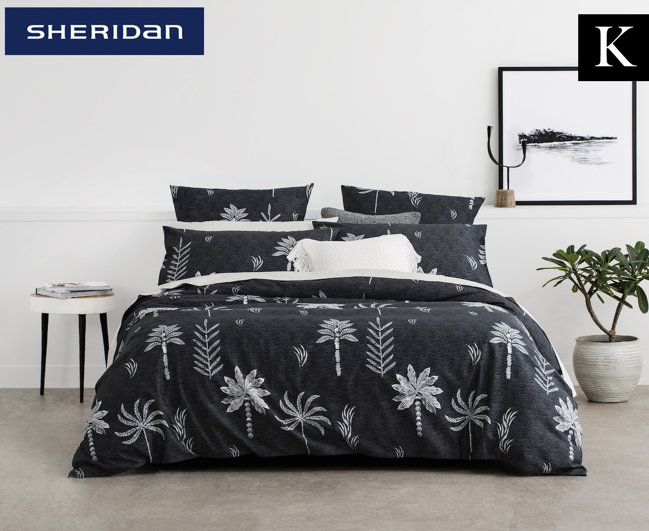 Sheridan Night Palm King Bed Reversible Quilt Cover Set Carbon