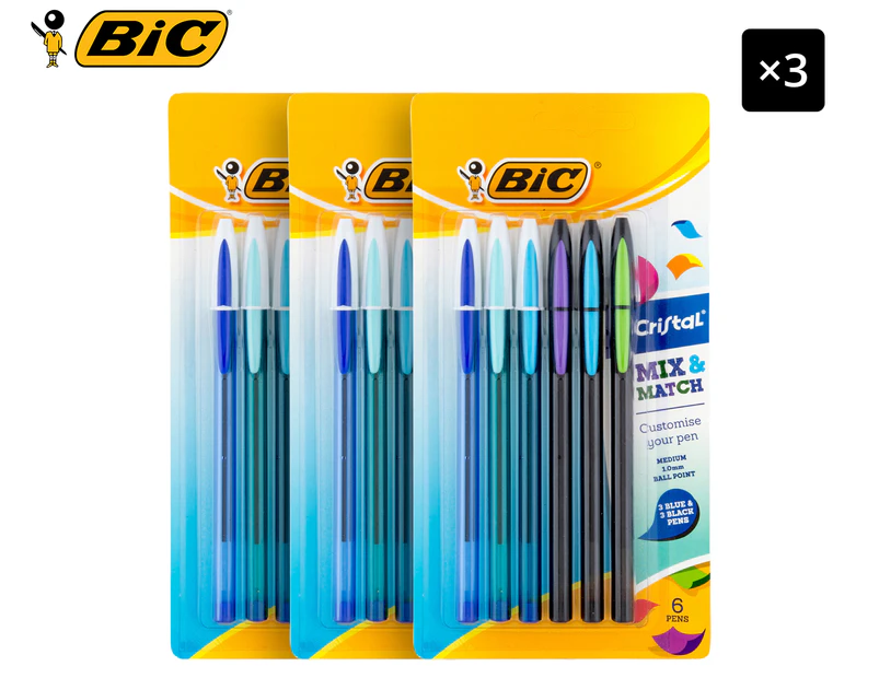 3 x BiC Cristal Mix & Match Ballpoint Pens 6-Pack - Blue/Black