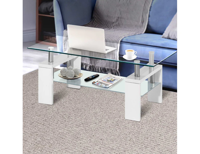 Artiss Coffee Table 2 Tier Tempered Glass Stainless Steel Storage Shelf White