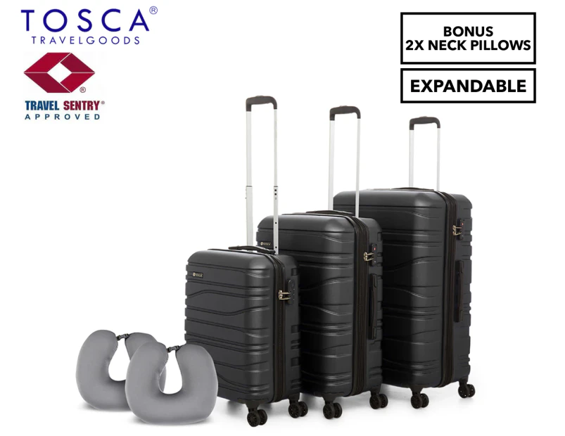 Tosca 3-Piece Venice Hardcase Luggage/Suitcase Set - Black + 2 BONUS Neck Pillows