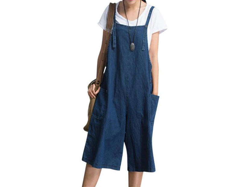 ZNU Women's Denim Overalls Cotton Linen Pocket Jumpsuit - Blue