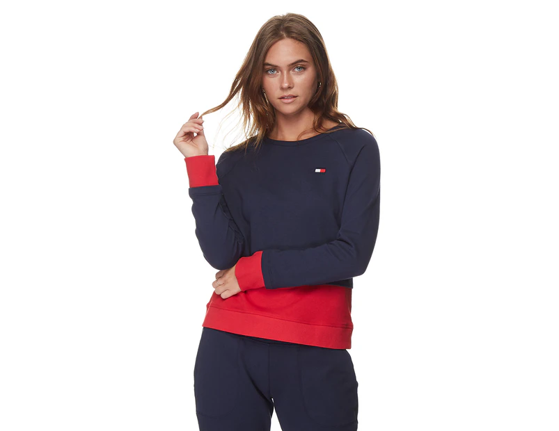 Tommy Hilfiger Women's Crew Neck Sweater w/ Track Stripe - Navy/Red