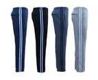 New Men's Fleece Lined Casual Sports Track Suit Striped Sweat Pants Gym Trackies - black
