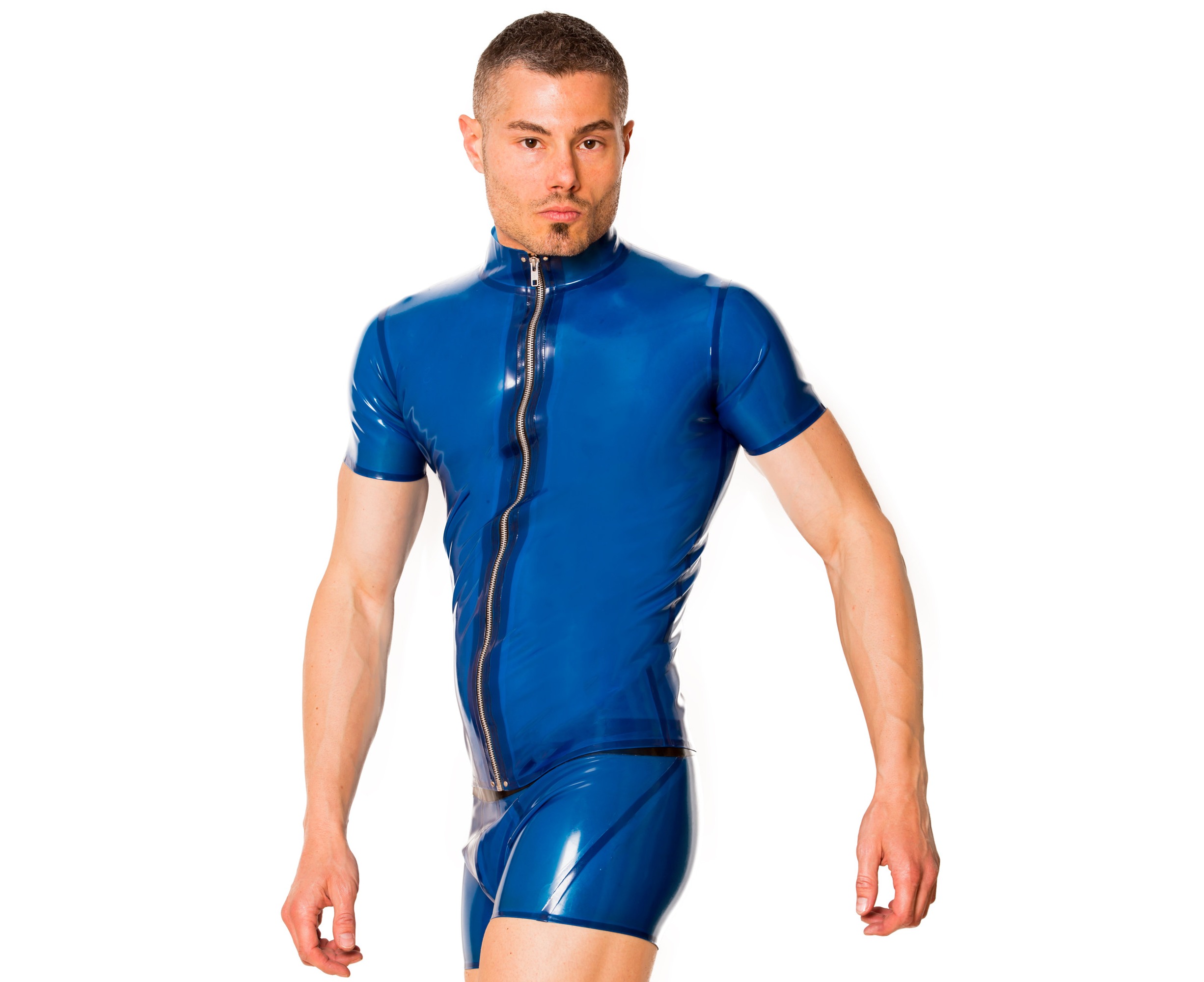 Skin Two Clothing Men's Sexy T-shirt Electric Blue Latex Rubber Zip Up ...
