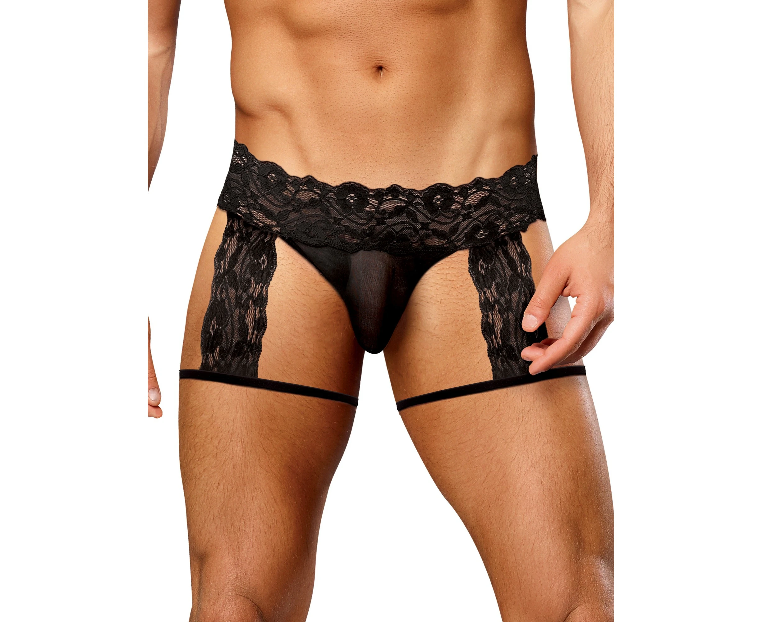 Male Power Men's Kinky G String Lace Shorts Mesh Pouch with Matching Garters